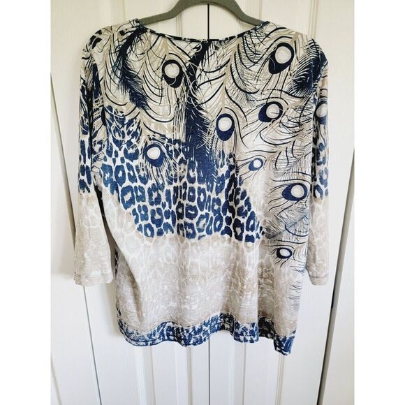 Chico's 3 Cotton T-Shirt Top 3/4 Slv. Tan Blue Peacock Feathers Beaded Cotton - Picture 2 of 7
